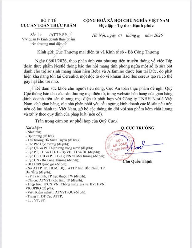 Bộ Y tế: Cảnh báo sản phẩm sữa bột trẻ sơ sinh Beba và Alfamino tại Đức